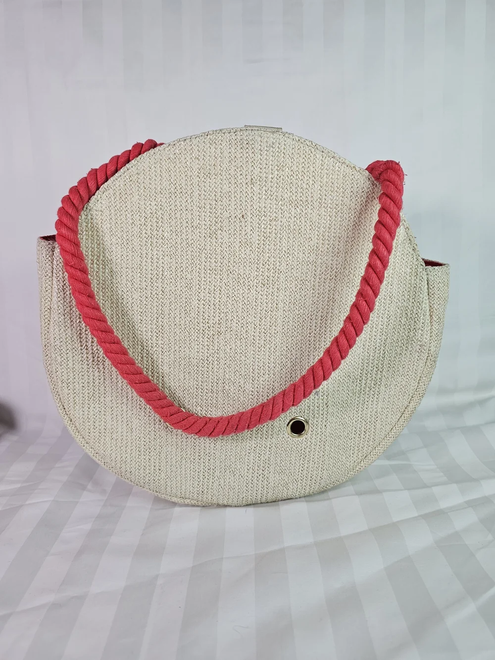 Disney Beige Round Straw Mini Bag with Pink Handle and Floral Art